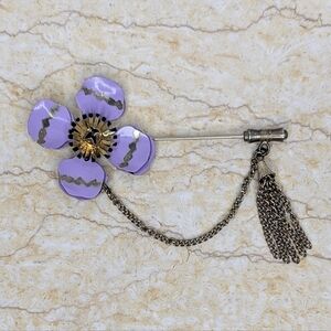 Vintage Purple Gold Enamel Floral Pin Brooch with Chain Accent